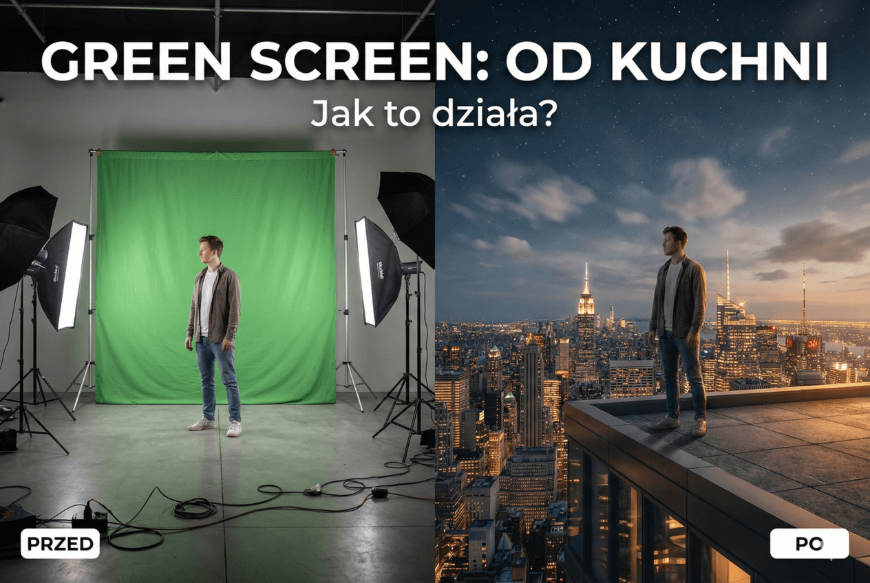plan filmowy z zielonym tłem green screen, kamerą i oświetleniem studyjnym