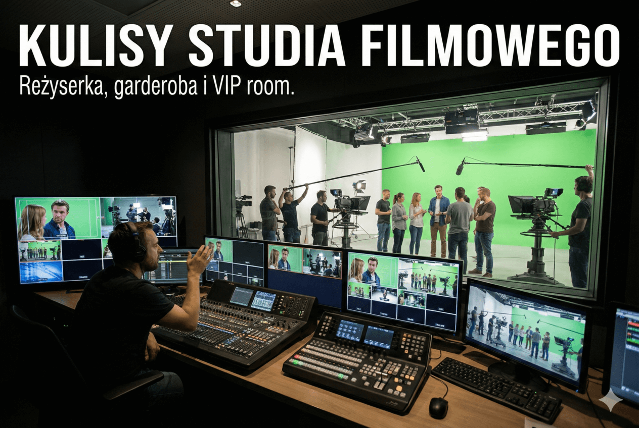 wnętrze profesjonalnej reżyserki studia filmowego z wieloma monitorami podglądowymi, konsolą mikserską i realizatorem przy pracy, z widokiem na plan zdjęciowy przez szybę