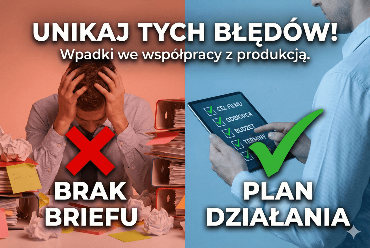 grafika przedstawiająca chaos i komunikacyjne nieporozumienia między klientem a ekipą filmową na planie, z czerwonymi znakami ostrzegawczymi